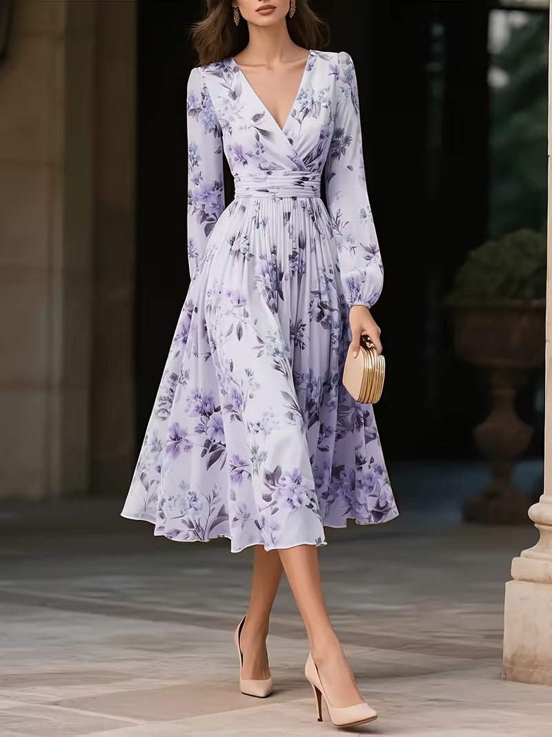 Elegant V - Neck Long - Sleeve Womens Dress With Print - LADYLINE X