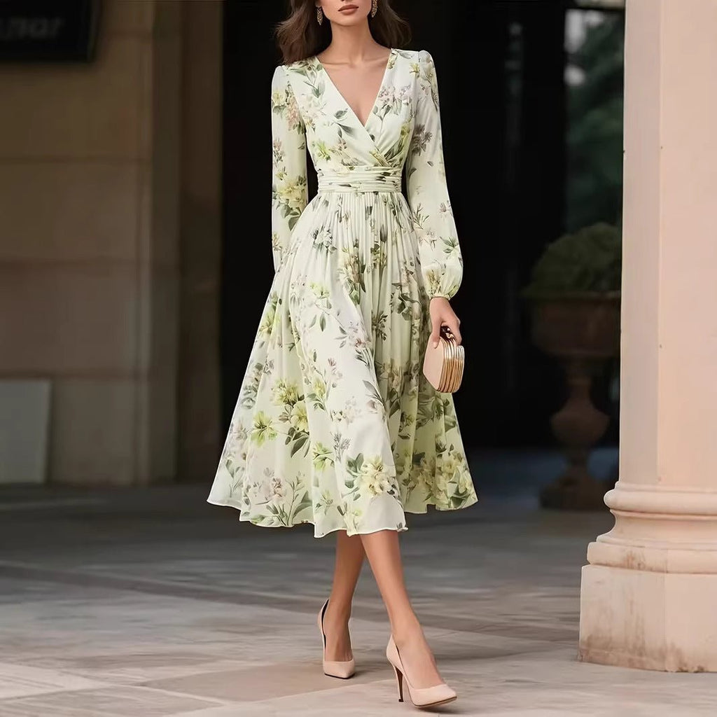 Elegant V - Neck Long - Sleeve Womens Dress With Print - LADYLINE X