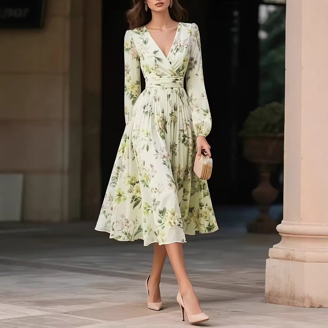 Elegant V - Neck Long - Sleeve Womens Dress With Print - LADYLINE X