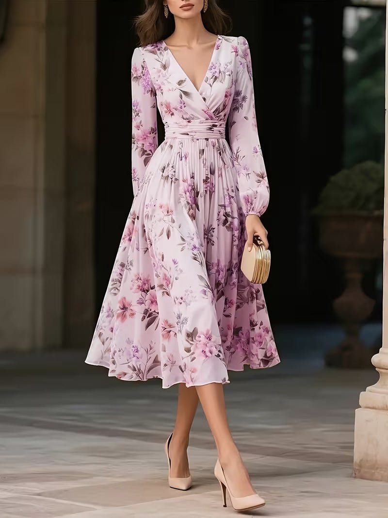 Elegant V - Neck Long - Sleeve Womens Dress With Print - LADYLINE X