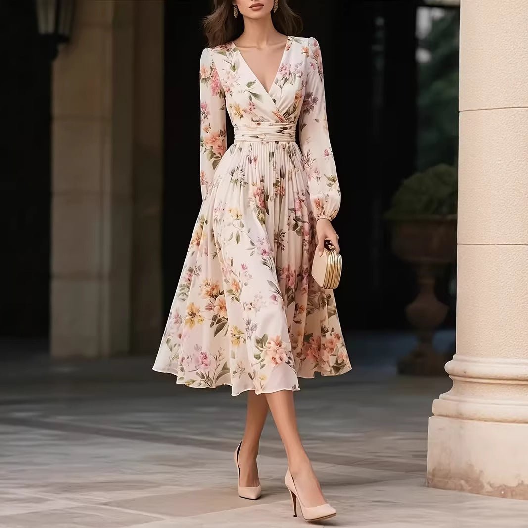 Elegant V - Neck Long - Sleeve Womens Dress With Print - LADYLINE X