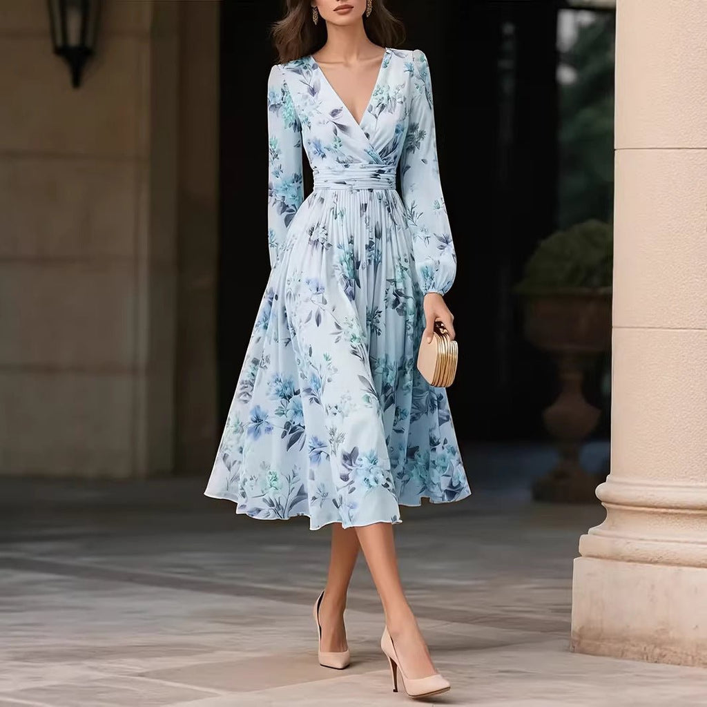 Elegant V - Neck Long - Sleeve Womens Dress With Print - LADYLINE X