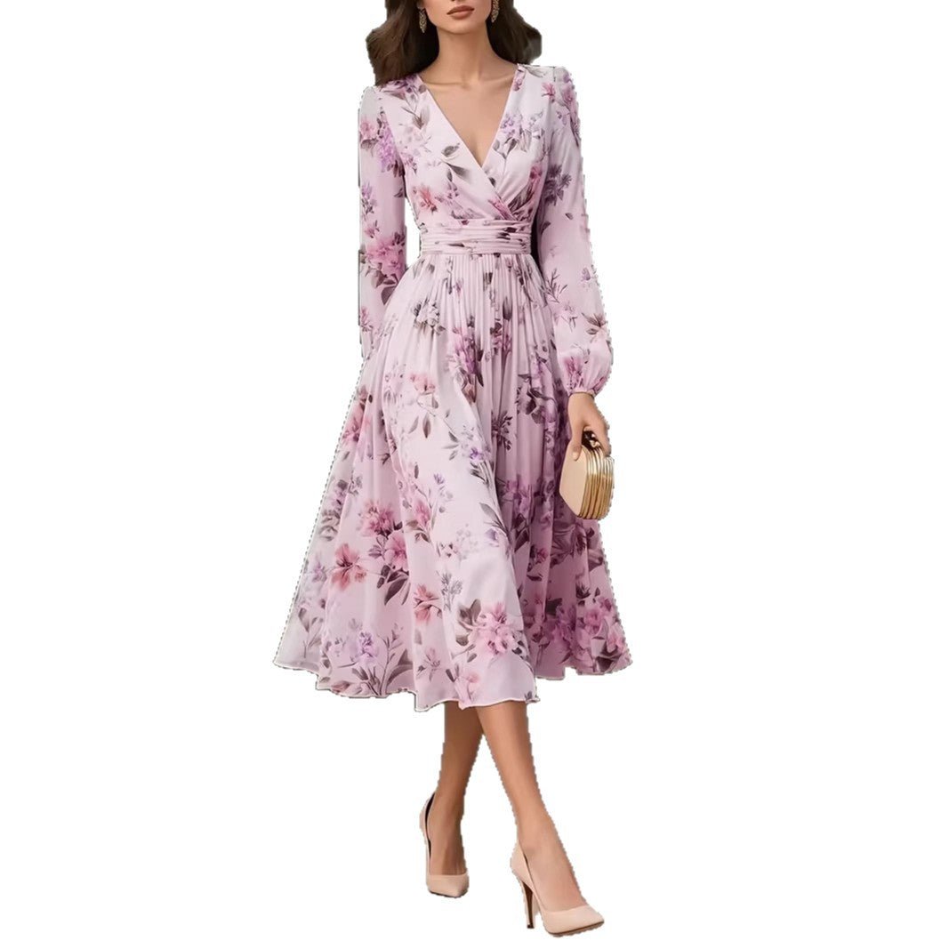 Elegant V - Neck Long - Sleeve Womens Dress With Print - LADYLINE X