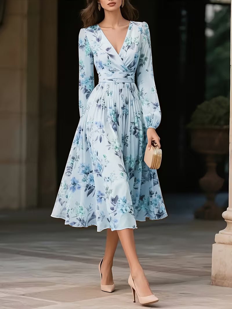 Elegant V - Neck Long - Sleeve Womens Dress With Print - LADYLINE X