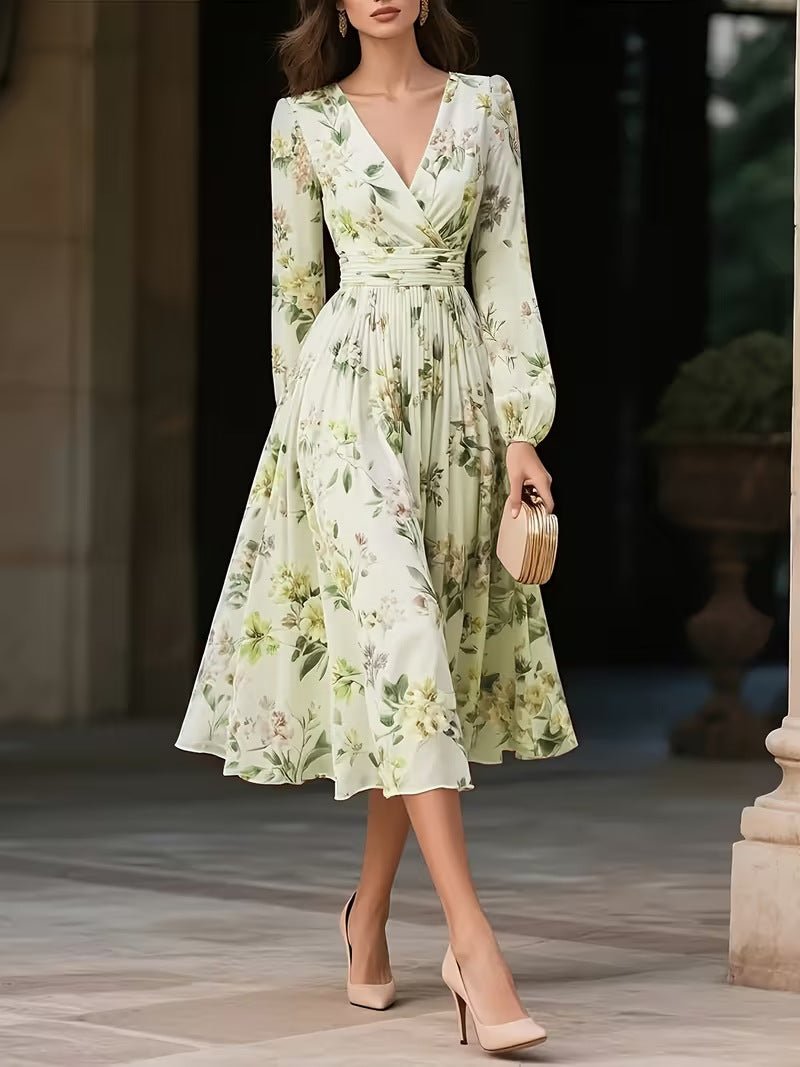 Elegant V - Neck Long - Sleeve Womens Dress With Print - LADYLINE X