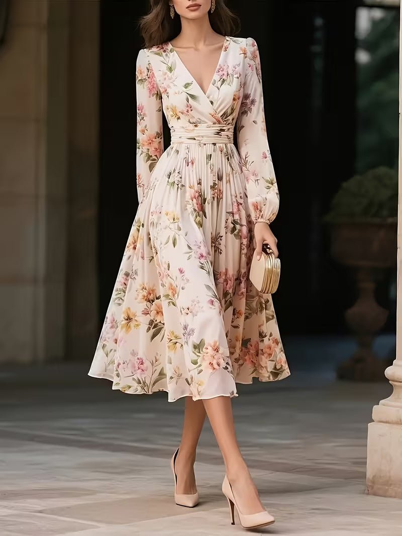 Elegant V - Neck Long - Sleeve Womens Dress With Print - LADYLINE X