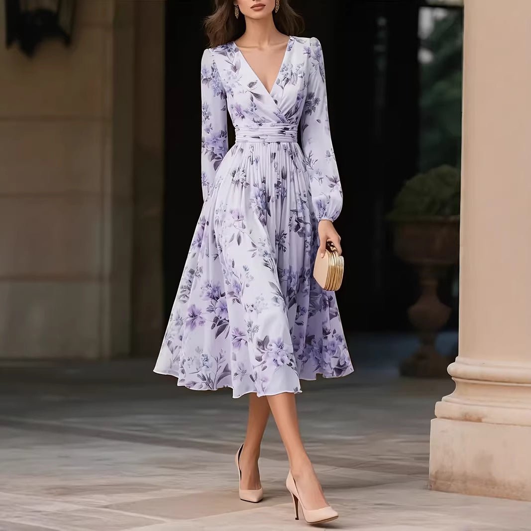 Elegant V - Neck Long - Sleeve Womens Dress With Print - LADYLINE X