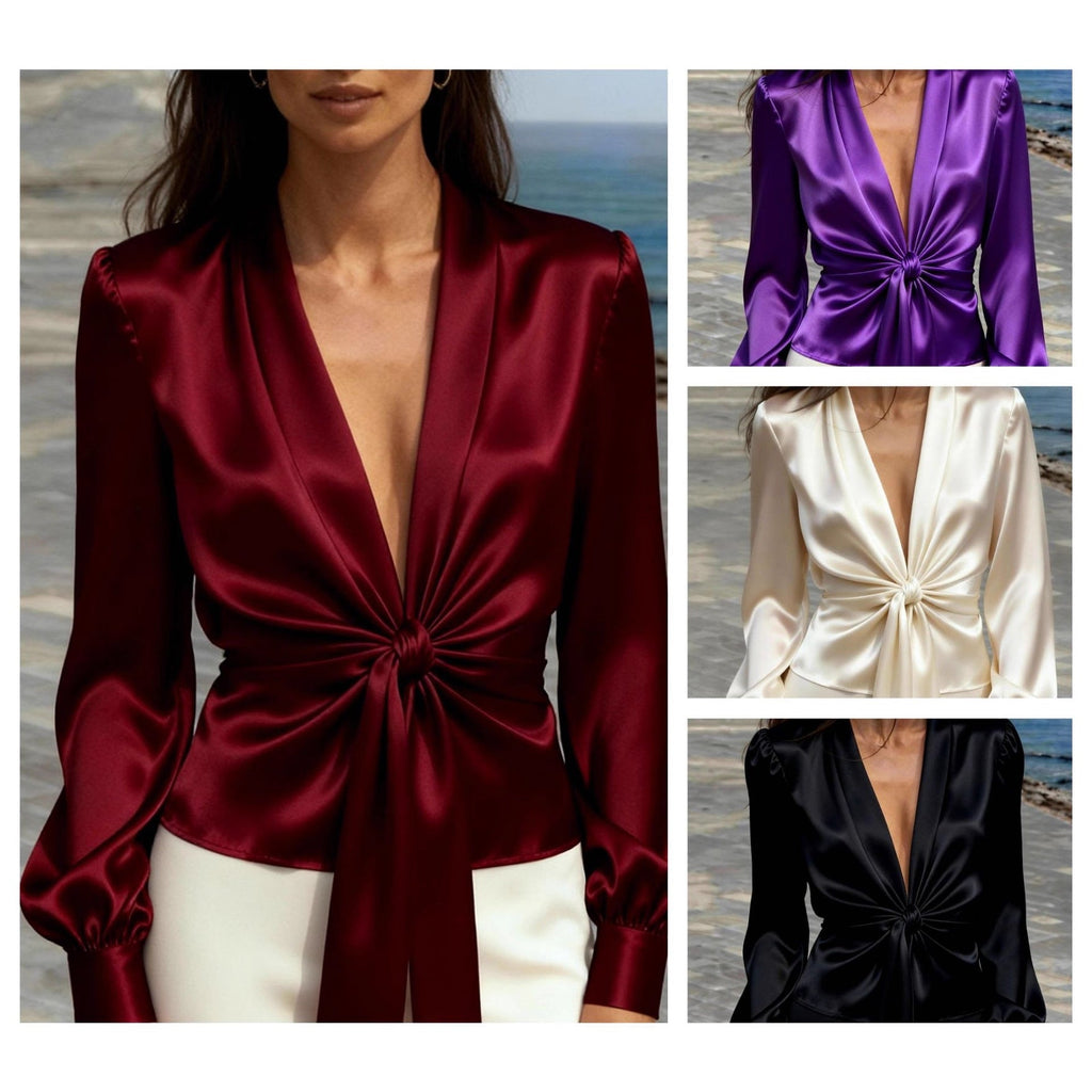 Elegant V - neck Satin Womens Blouse With Long Sleeves And A Tie Detail - LADYLINE X