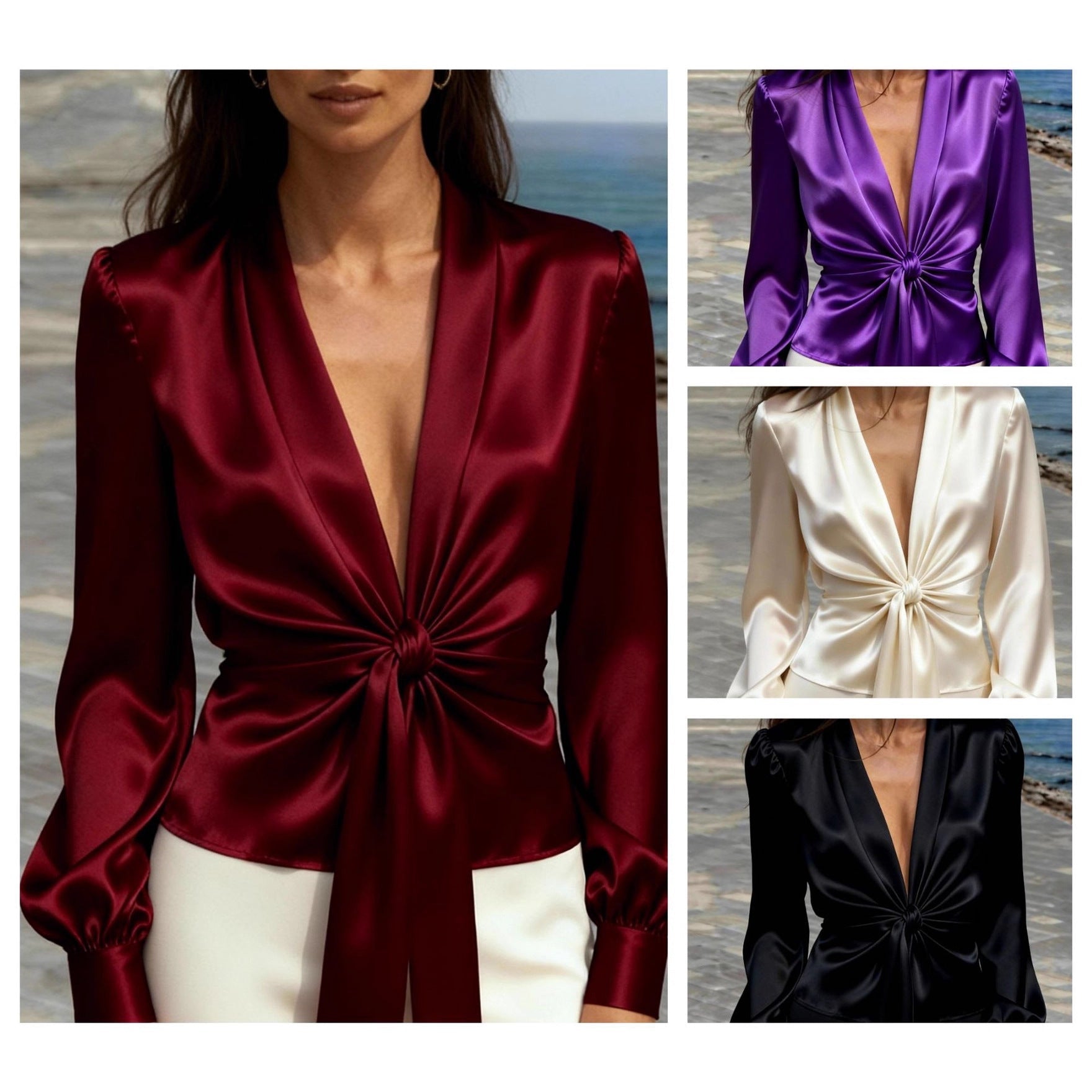 Elegant V - neck Satin Womens Blouse With Long Sleeves And A Tie Detail - LADYLINE X