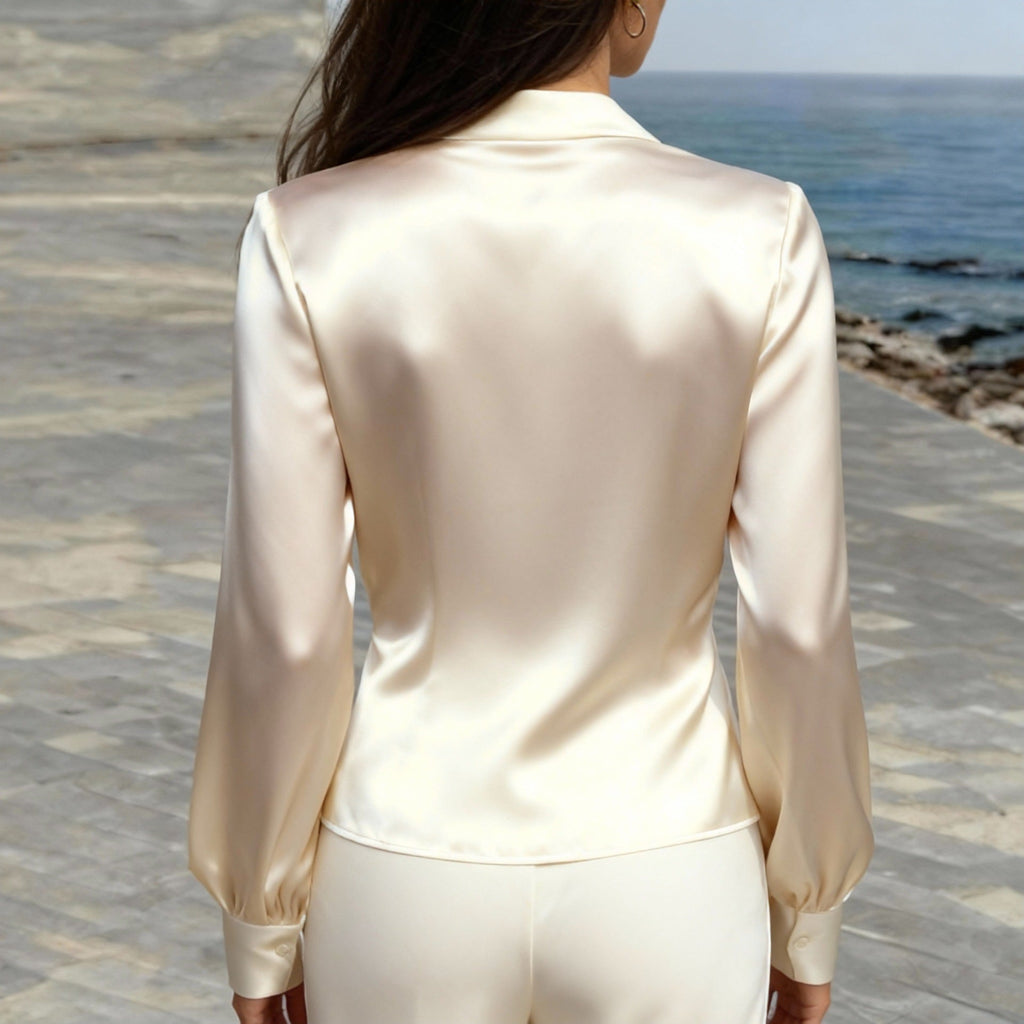 Elegant V - neck Satin Womens Blouse With Long Sleeves And A Tie Detail - LADYLINE X