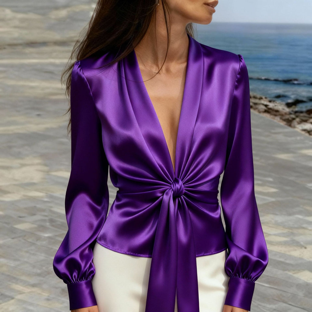 Elegant V - neck Satin Womens Blouse With Long Sleeves And A Tie Detail - LADYLINE X