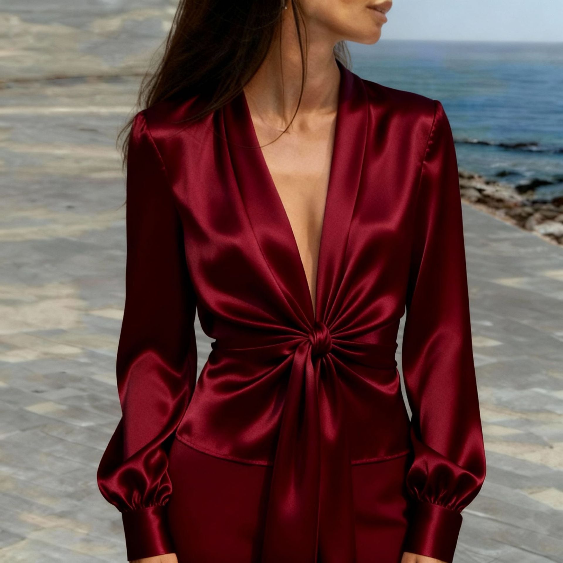 Elegant V - neck Satin Womens Blouse With Long Sleeves And A Tie Detail - LADYLINE X