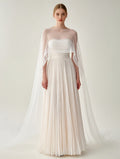 Elegant White Pleated Gown With Sheer Cape Overlay - LADYLINE X