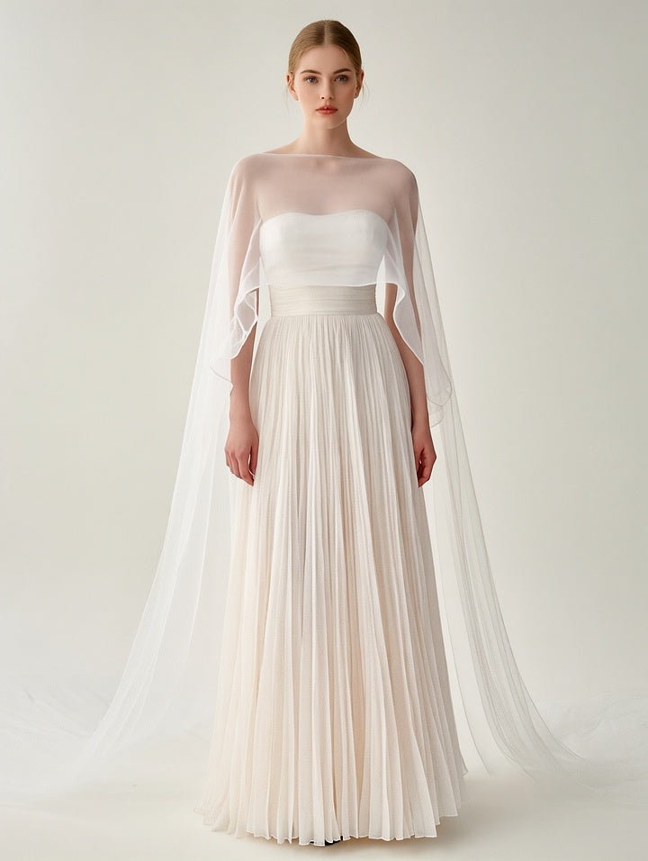 Elegant White Pleated Gown With Sheer Cape Overlay - LADYLINE X