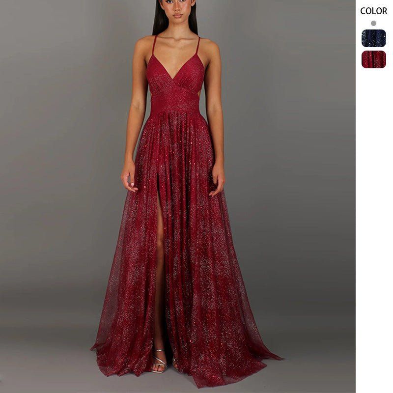 Elegant Womens V - neck Sleeveless Strapless Dress With A Flared Hem High Waist Split Women Long Dresses Party Dress - LADYLINE X
