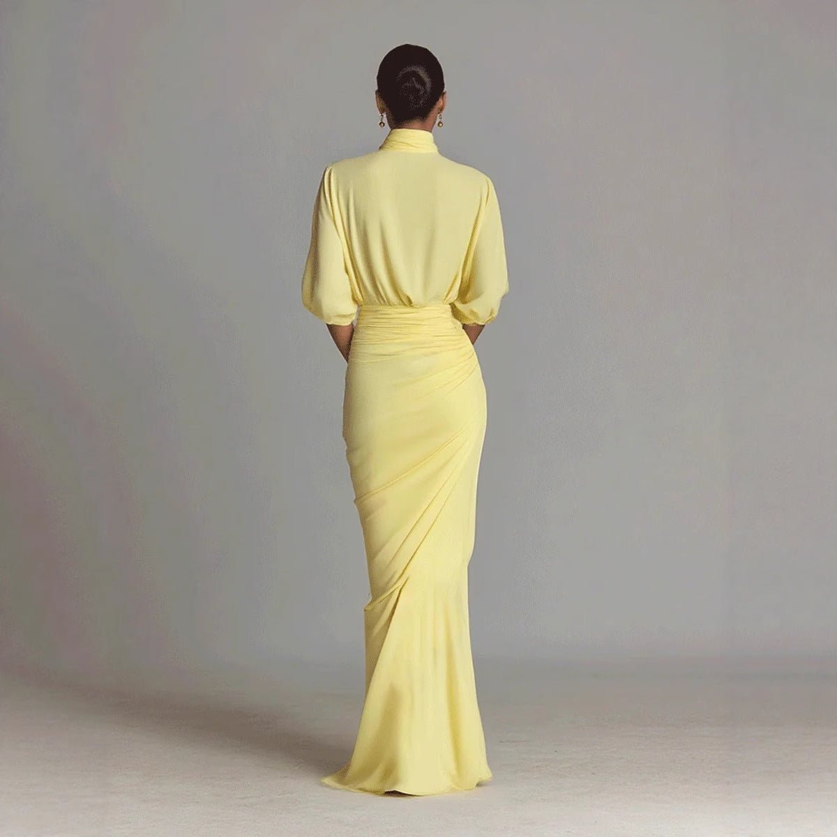 Elegant Yellow Pleated Waist - cinched Dress High - neck Long Dress - LADYLINE X