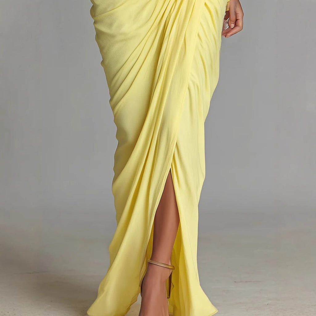 Elegant Yellow Pleated Waist - cinched Dress High - neck Long Dress - LADYLINE X