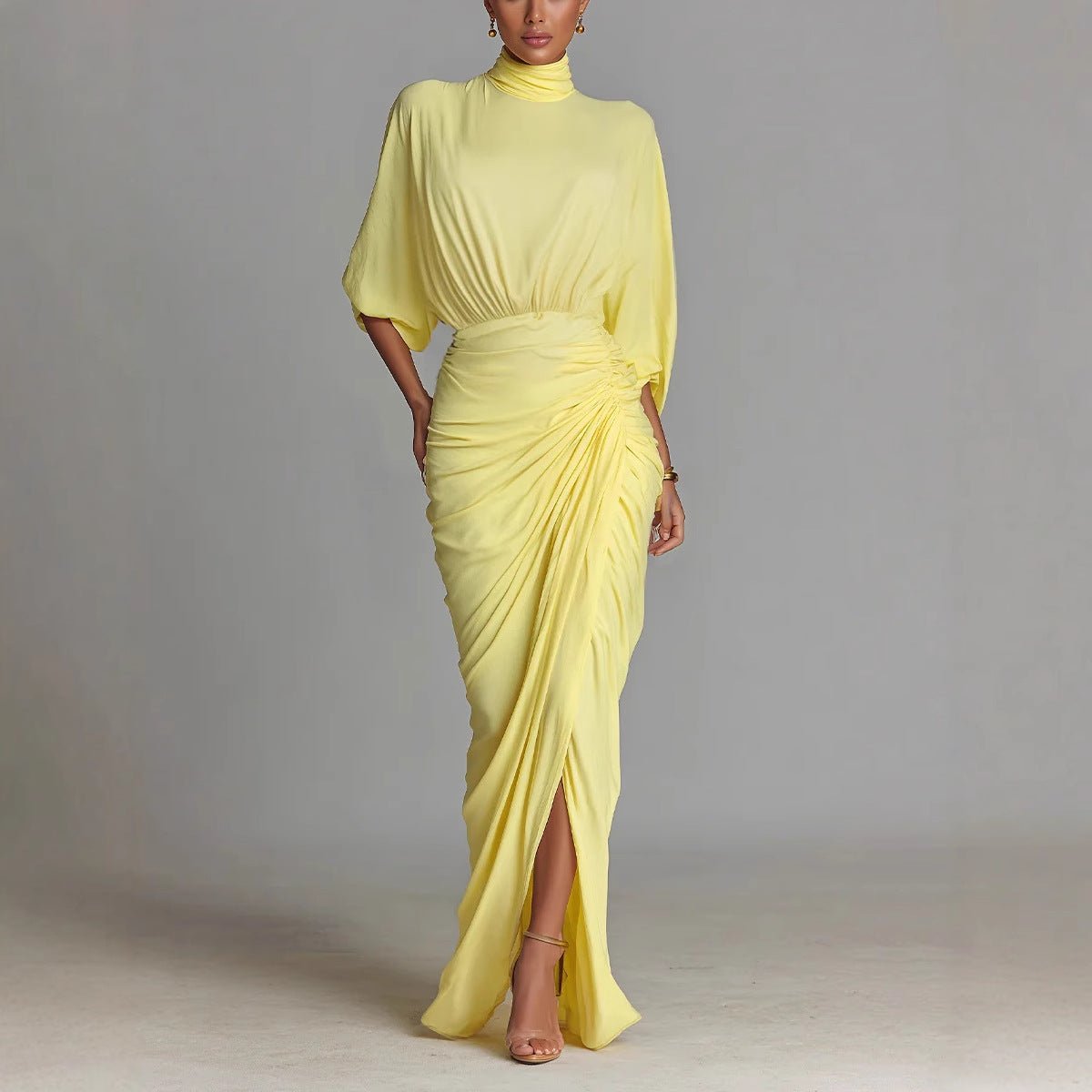 Elegant Yellow Pleated Waist - cinched Dress High - neck Long Dress - LADYLINE X