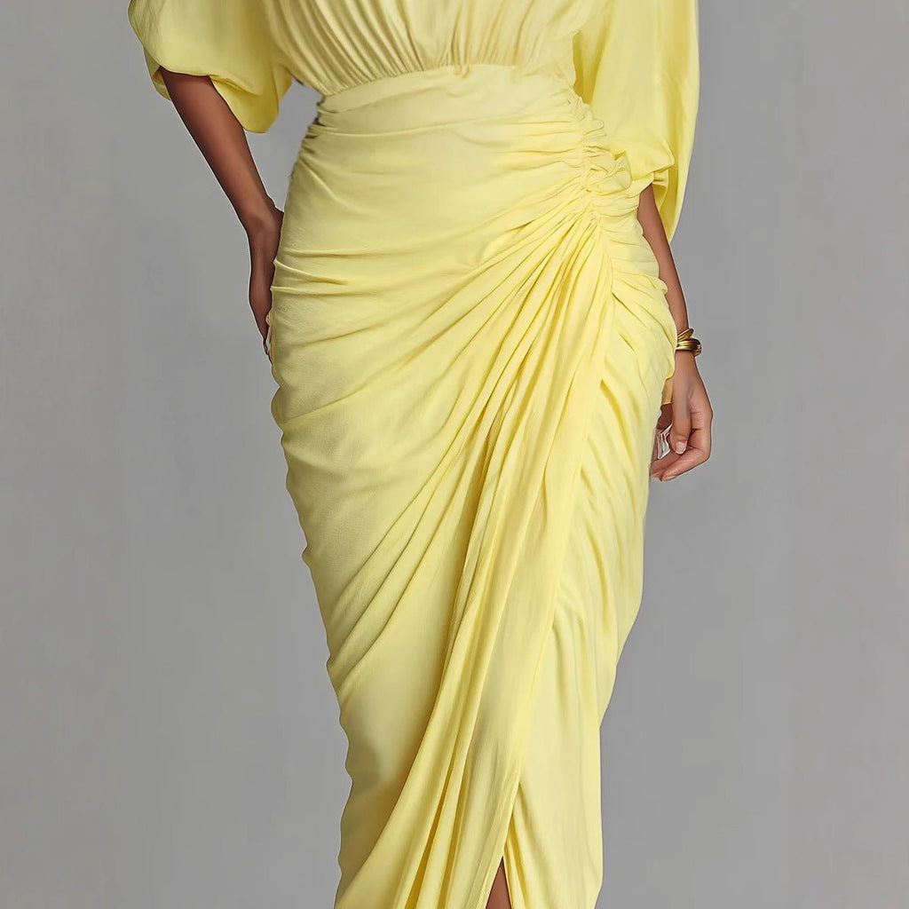 Elegant Yellow Pleated Waist - cinched Dress High - neck Long Dress - LADYLINE X