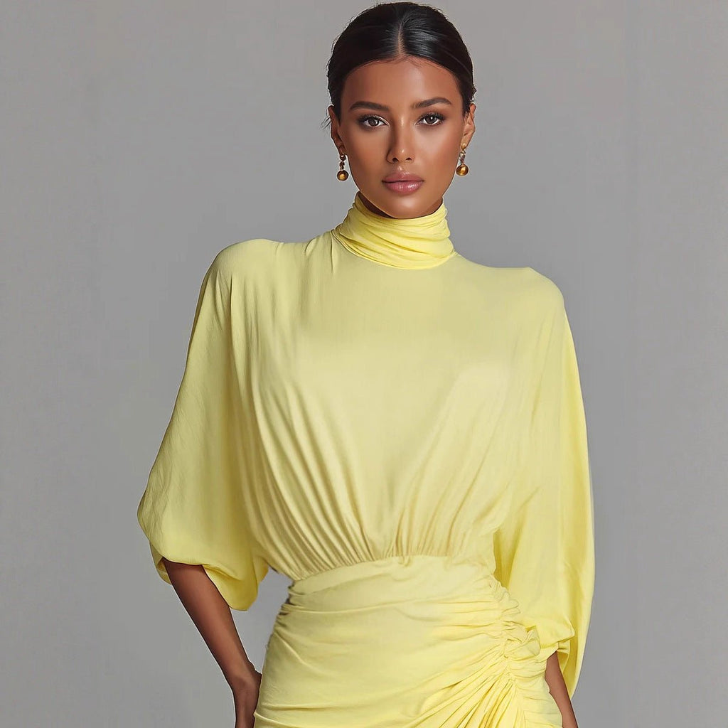 Elegant Yellow Pleated Waist - cinched Dress High - neck Long Dress - LADYLINE X
