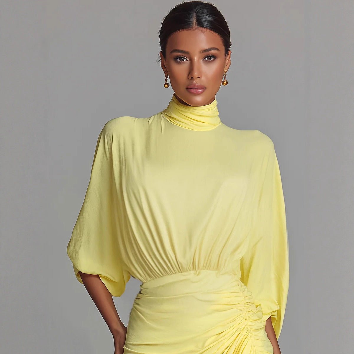Elegant Yellow Pleated Waist - cinched Dress High - neck Long Dress - LADYLINE X