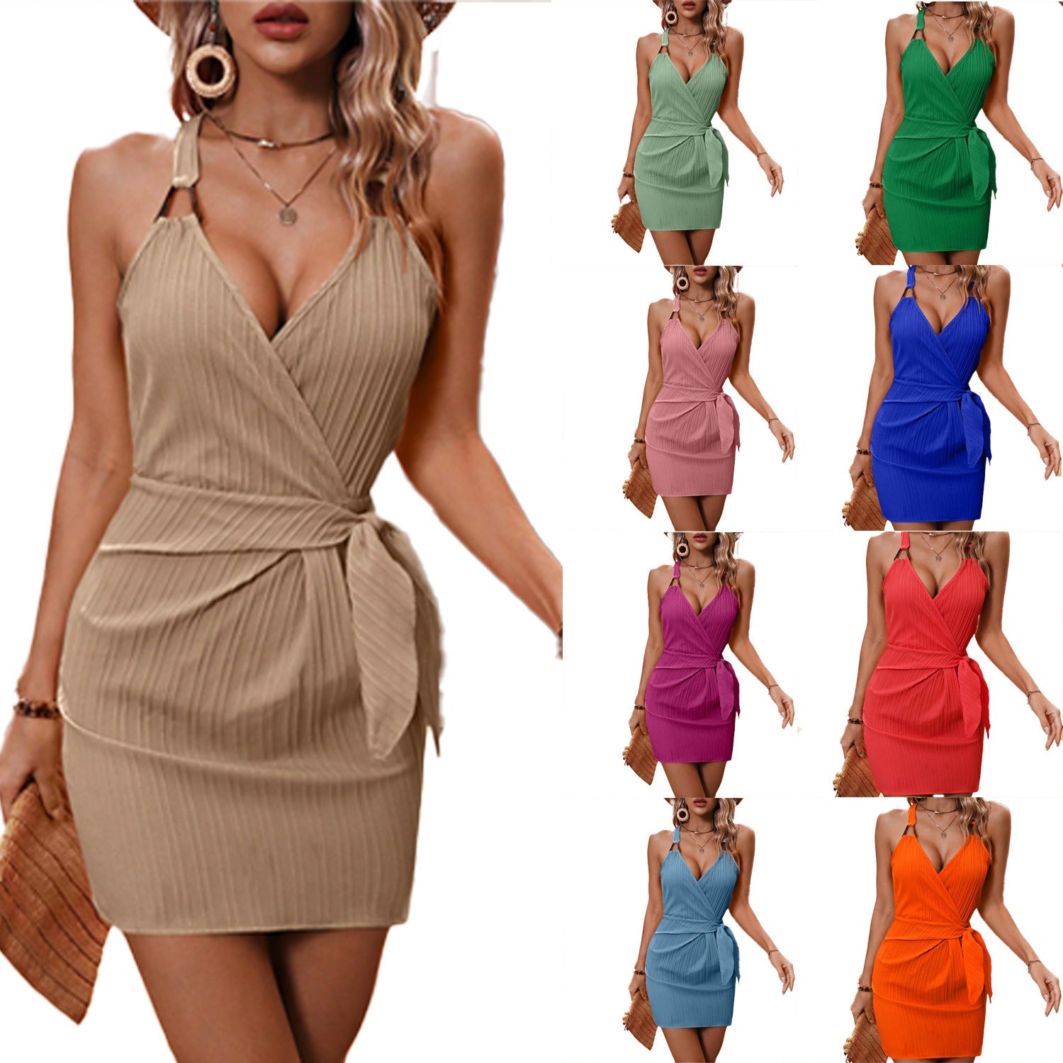 European And American V - neck Slip Dress With A Tie Waist - LADYLINE X