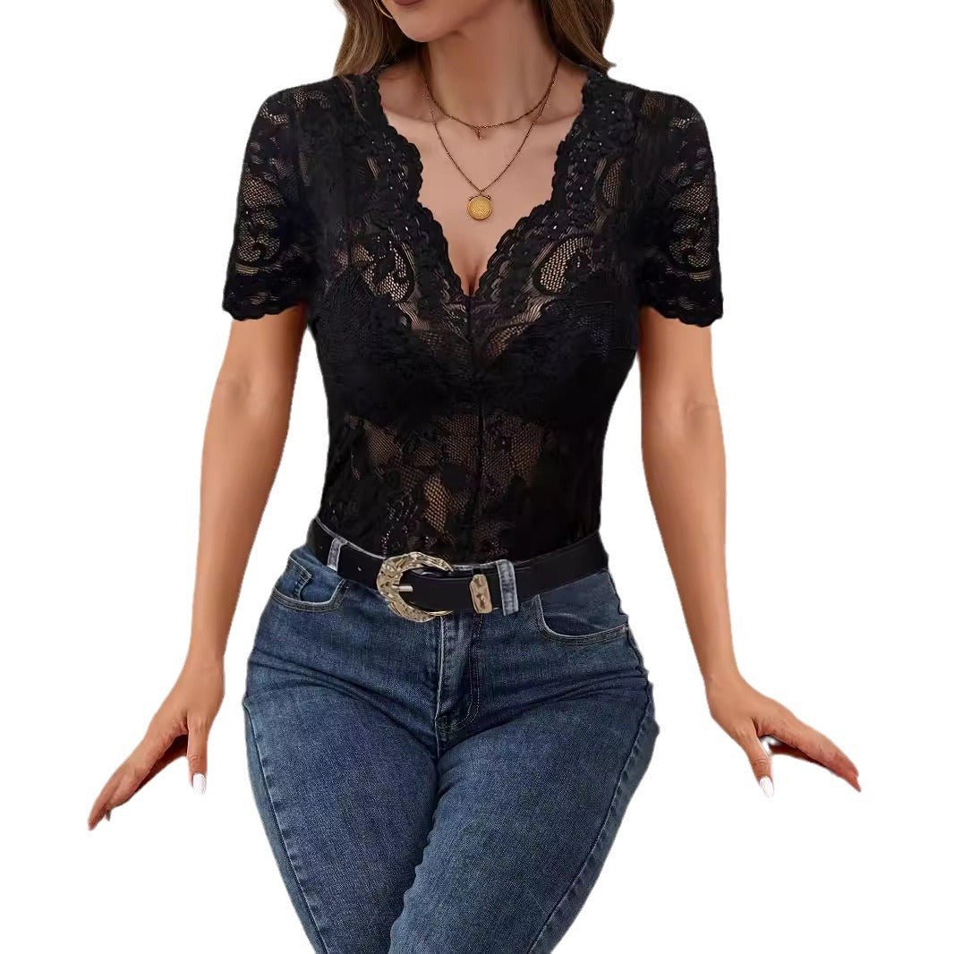 Fan - shaped V - neck Solid - color Lace Sexy Slim - fit Figure - flattering T-shirt Top - LADYLINE X