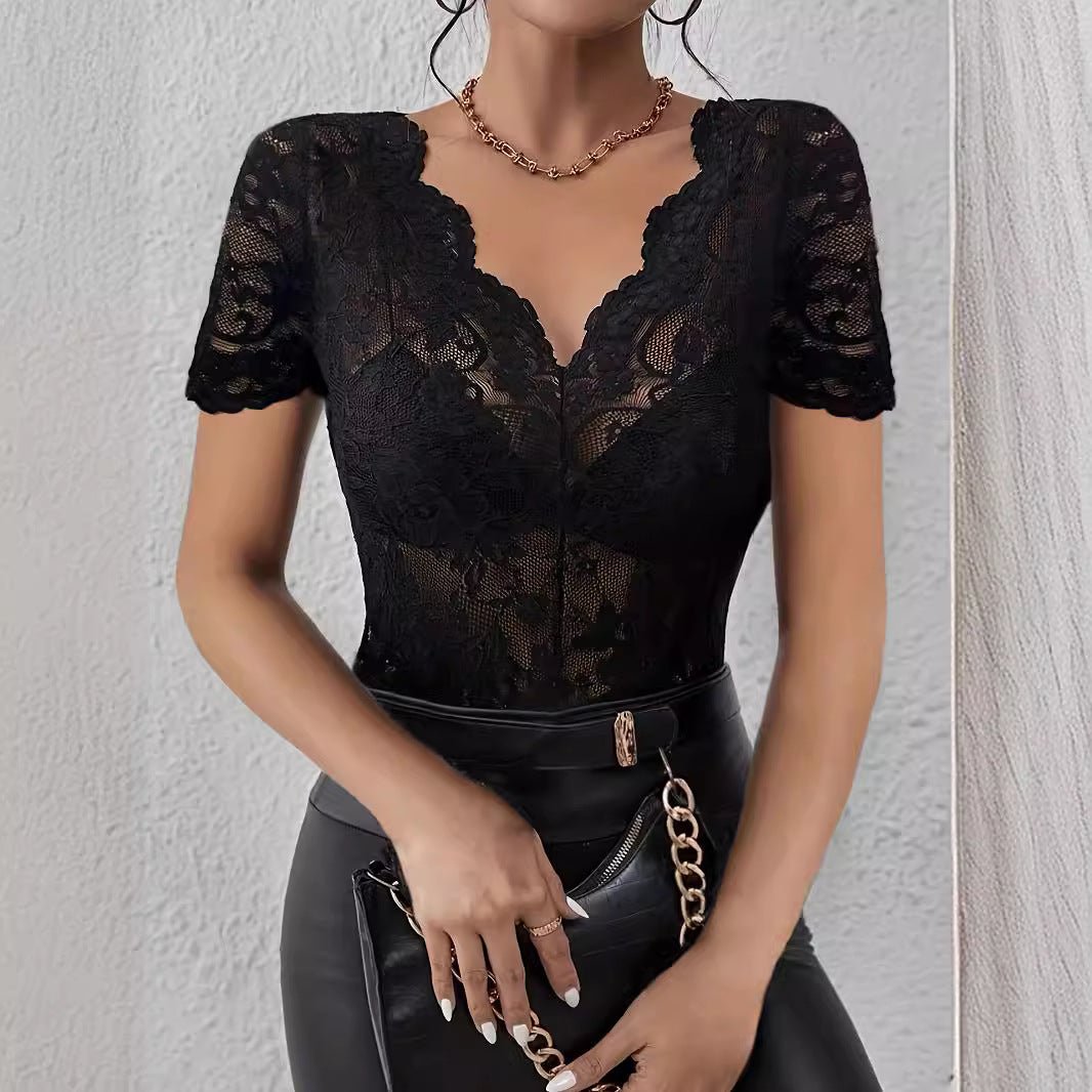 Fan - shaped V - neck Solid - color Lace Sexy Slim - fit Figure - flattering T-shirt Top - LADYLINE X