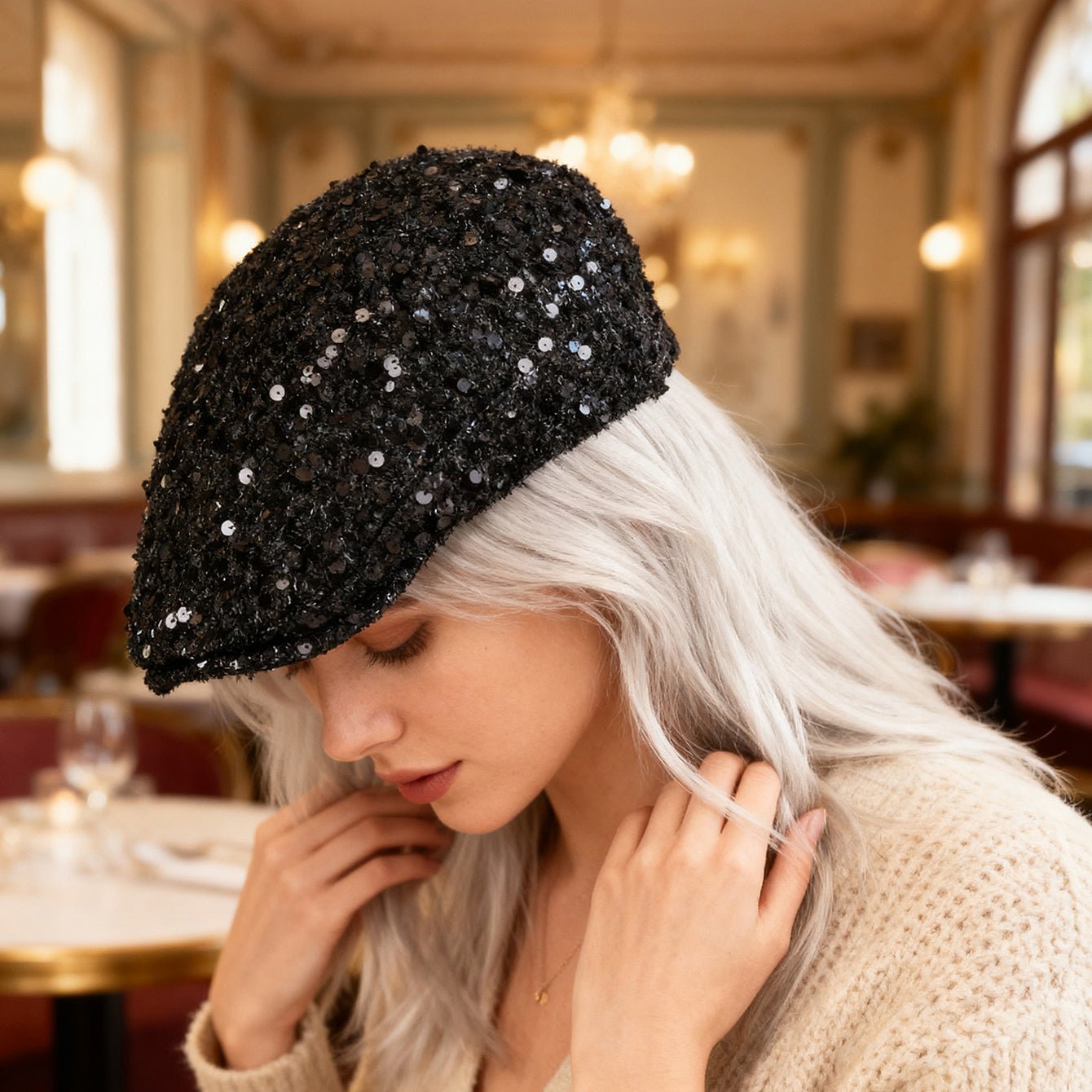 Fashionable Plain - color Sequined Forward Hat - Classic And Versatile, With Lustrous Petal - like Brim. Suitable For Stage Performances. - LADYLINE X