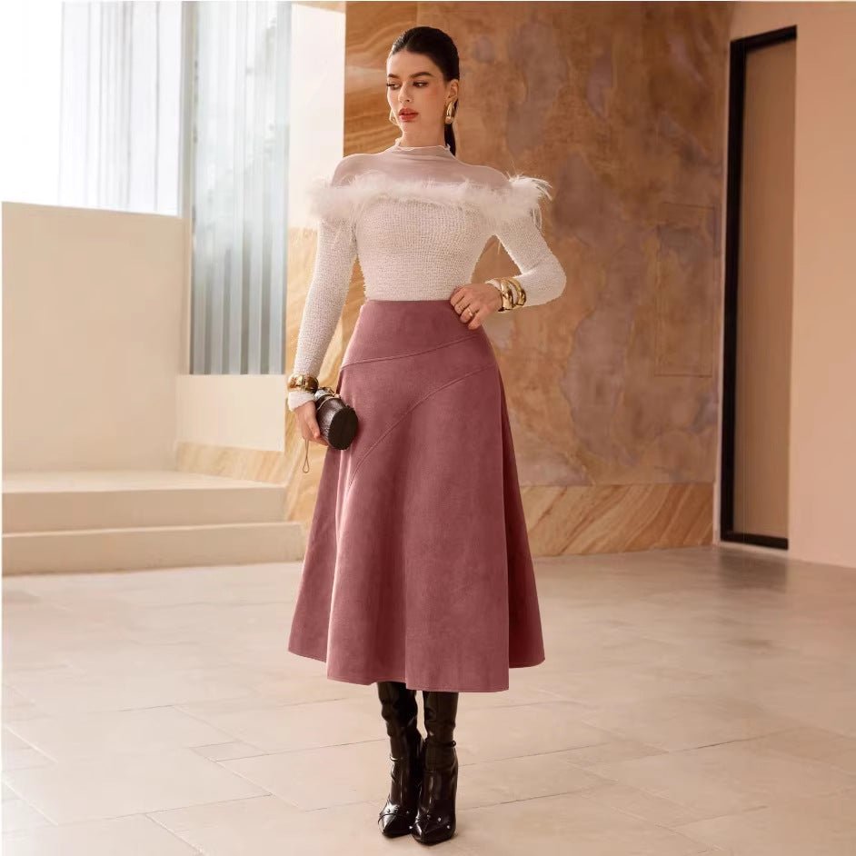 Fashionable Solid - Color Faux Suede Elegant Skirt - LADYLINE X