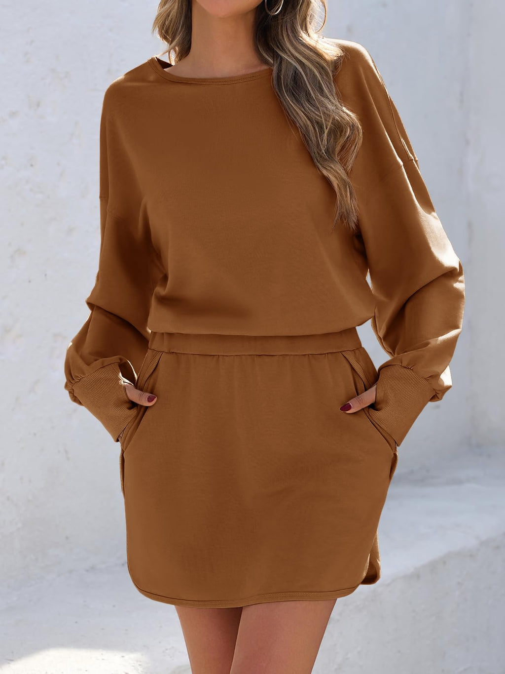 Fisoew Womens Long Sleeve Athletic Dress Backless Keyhole Built - in Shorts Oversized Workout Active Dresses - LADYLINE X