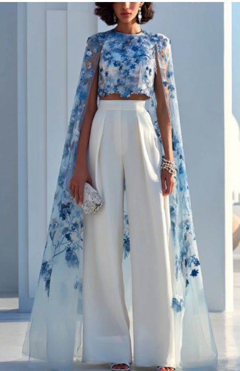 Floral Print Cape - Back Crop Top - One - Piece Elegant Sheer Overlay Blouse - LADYLINE X