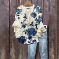 Floral Print Digital - Print V - Neck T-Shirt With Lotus - Edge Trim - LADYLINE X