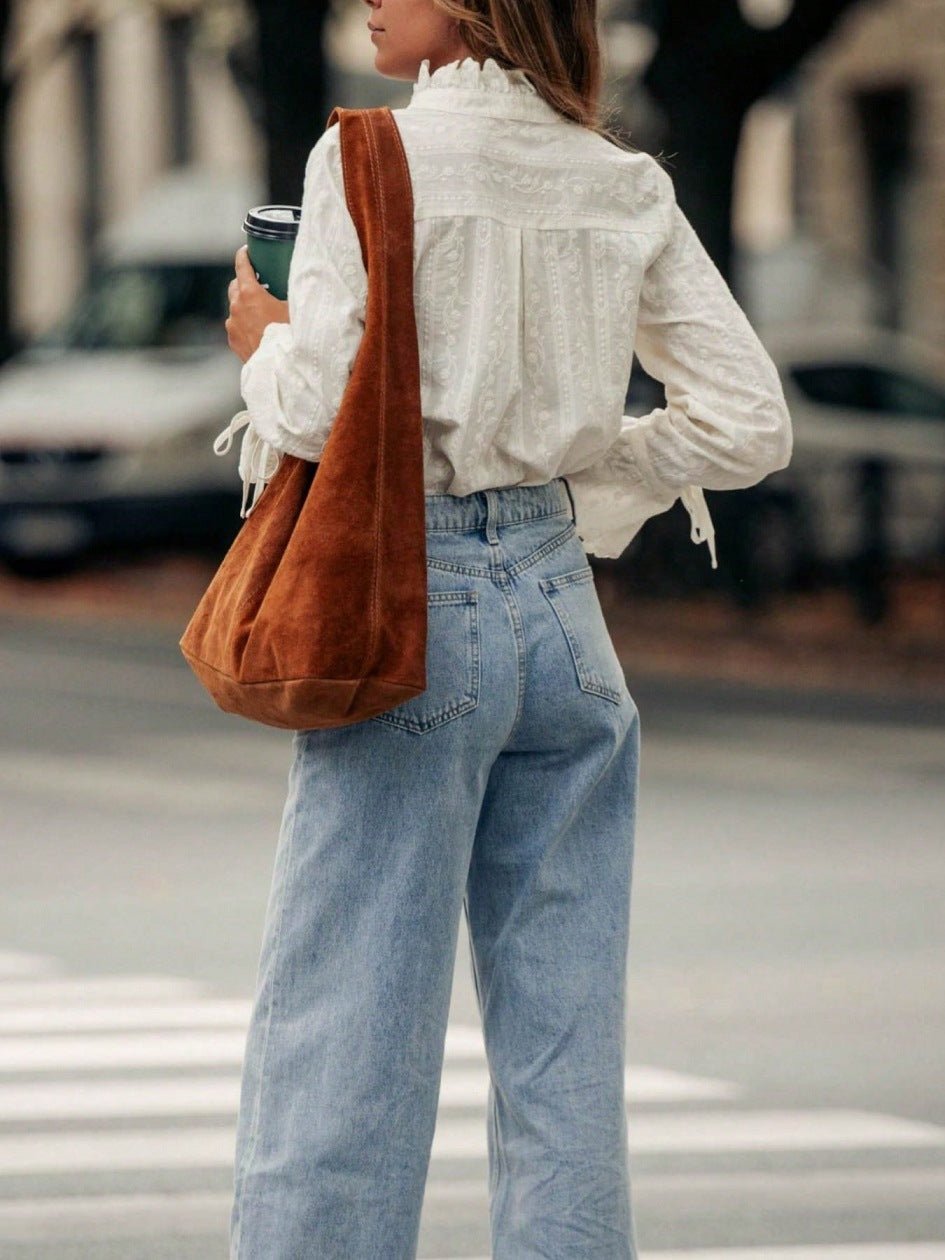 French Stand Collar Ruffle Bell Sleeve Embroidered Jacquard Shirt - LADYLINE X