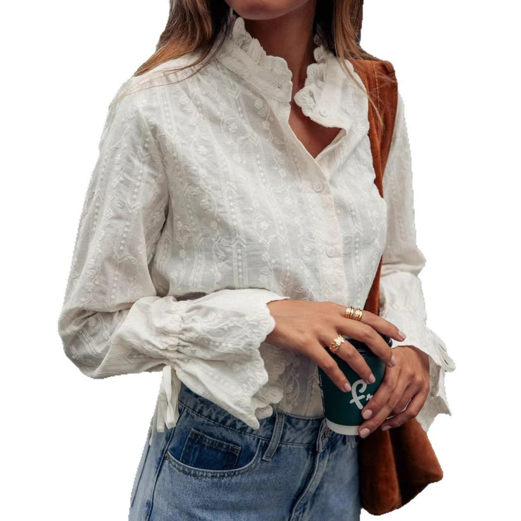 French Stand Collar Ruffle Bell Sleeve Embroidered Jacquard Shirt - LADYLINE X