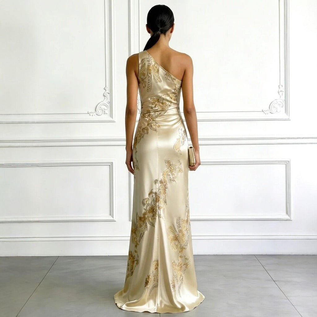 Golden Printed Off - Shoulder Slim - Fit Long Dress - LADYLINE X
