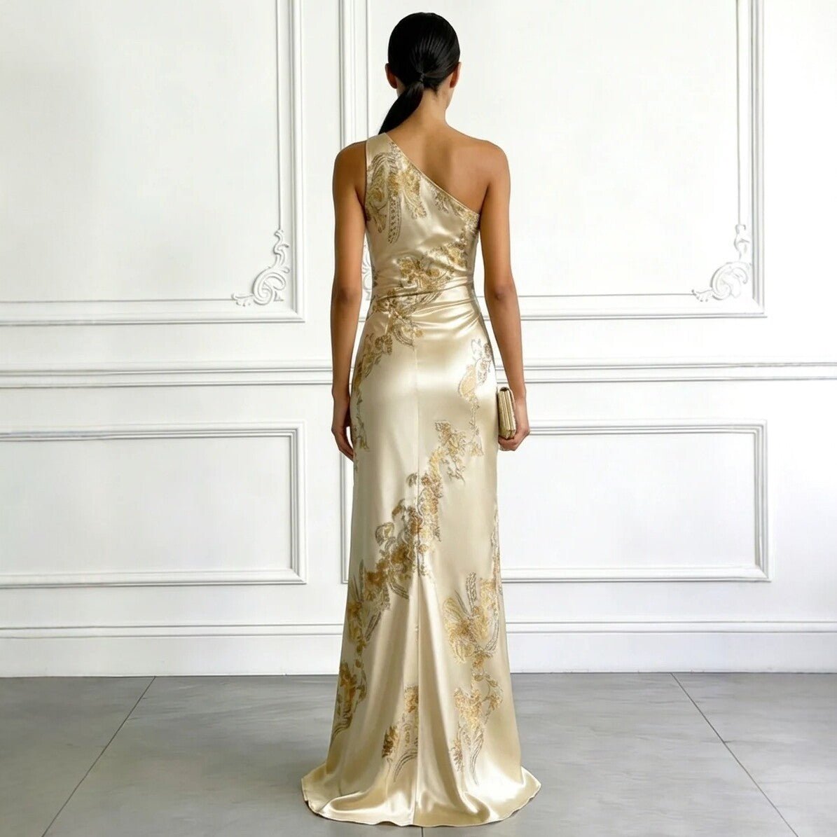 Golden Printed Off - Shoulder Slim - Fit Long Dress - LADYLINE X