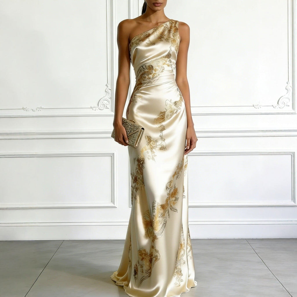 Golden Printed Off - Shoulder Slim - Fit Long Dress - LADYLINE X