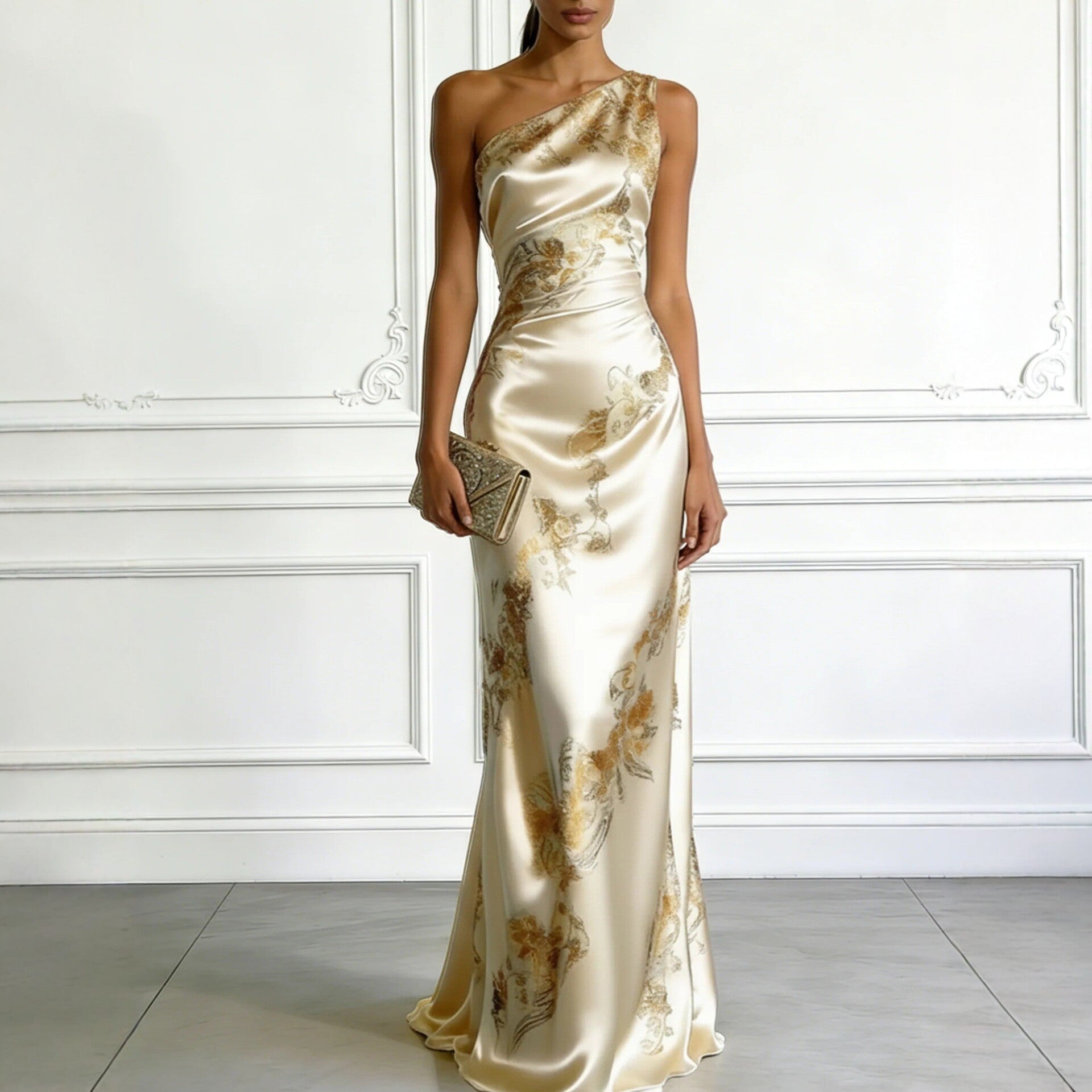 Golden Printed Off - Shoulder Slim - Fit Long Dress - LADYLINE X