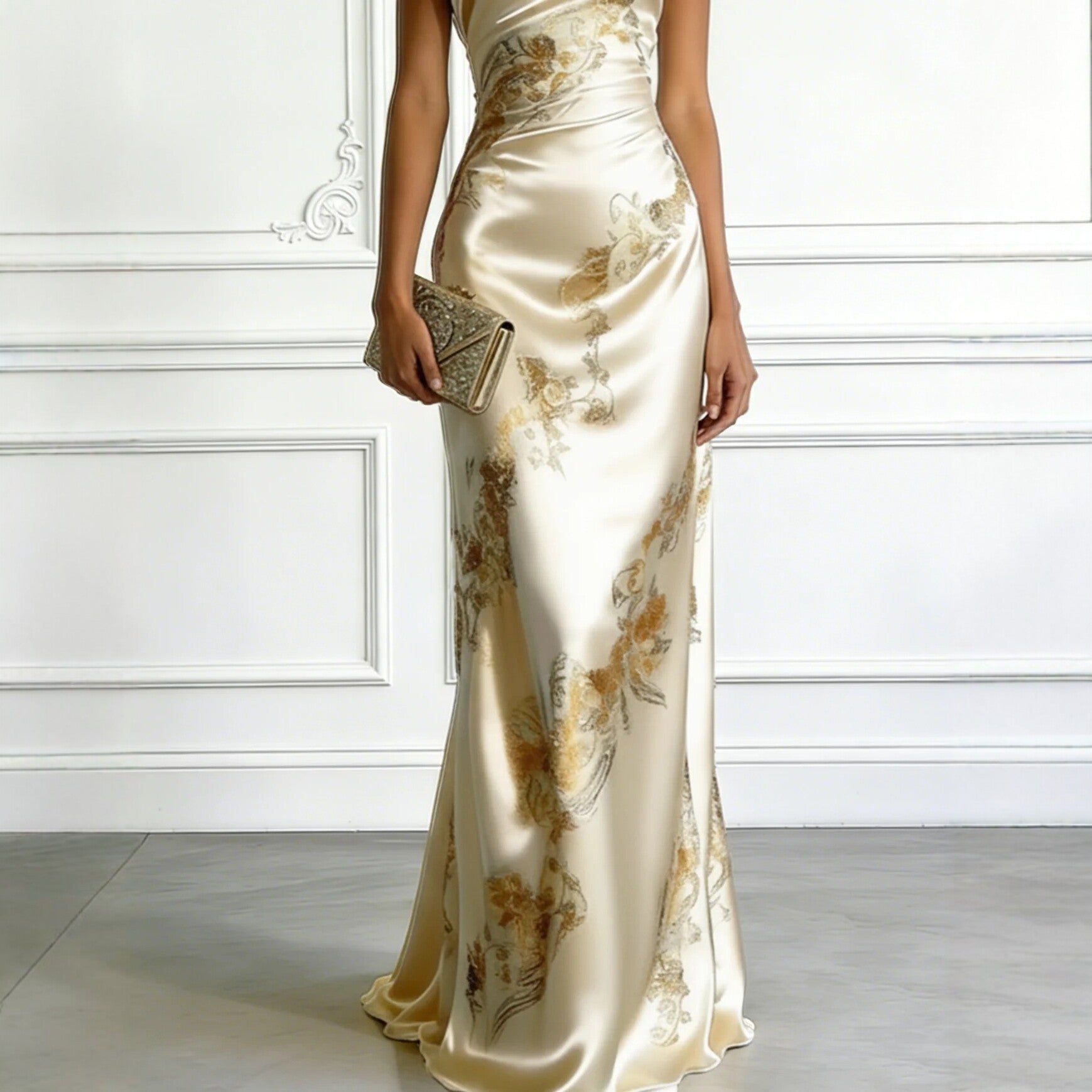 Golden Printed Off - Shoulder Slim - Fit Long Dress - LADYLINE X