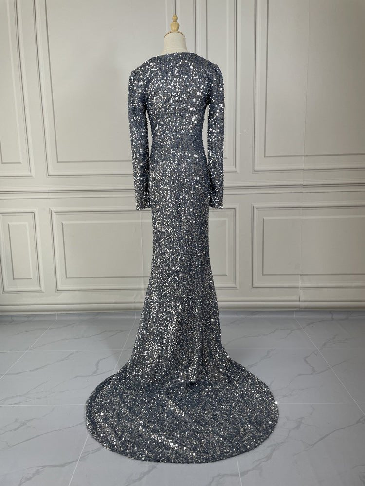 Grey Long Sleeve Sequin Evening Dress - LADYLINE X