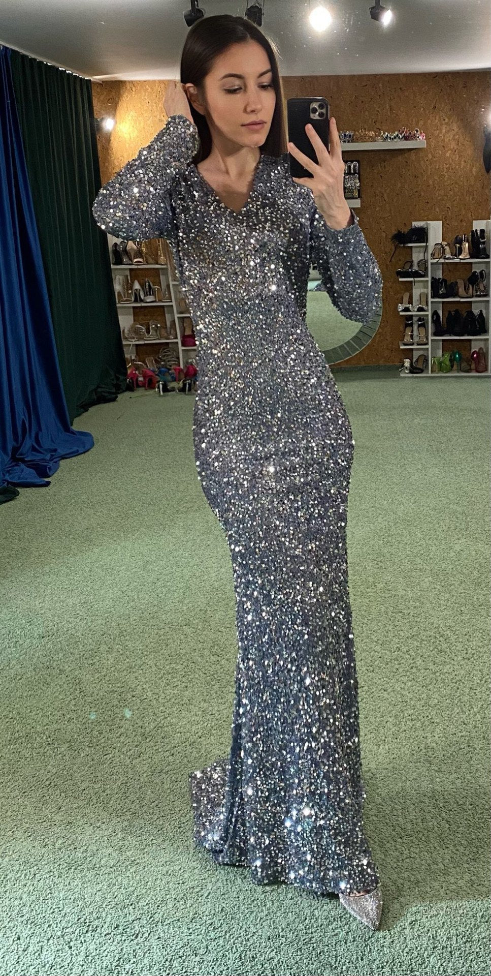 Grey Long Sleeve Sequin Evening Dress - LADYLINE X