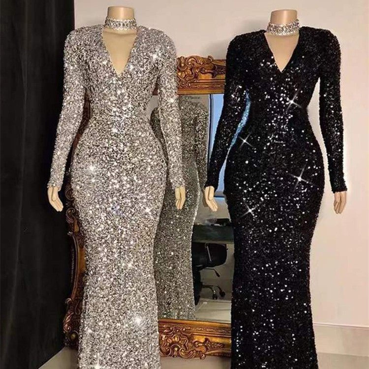 Grey Long Sleeve Sequin Evening Dress - LADYLINE X