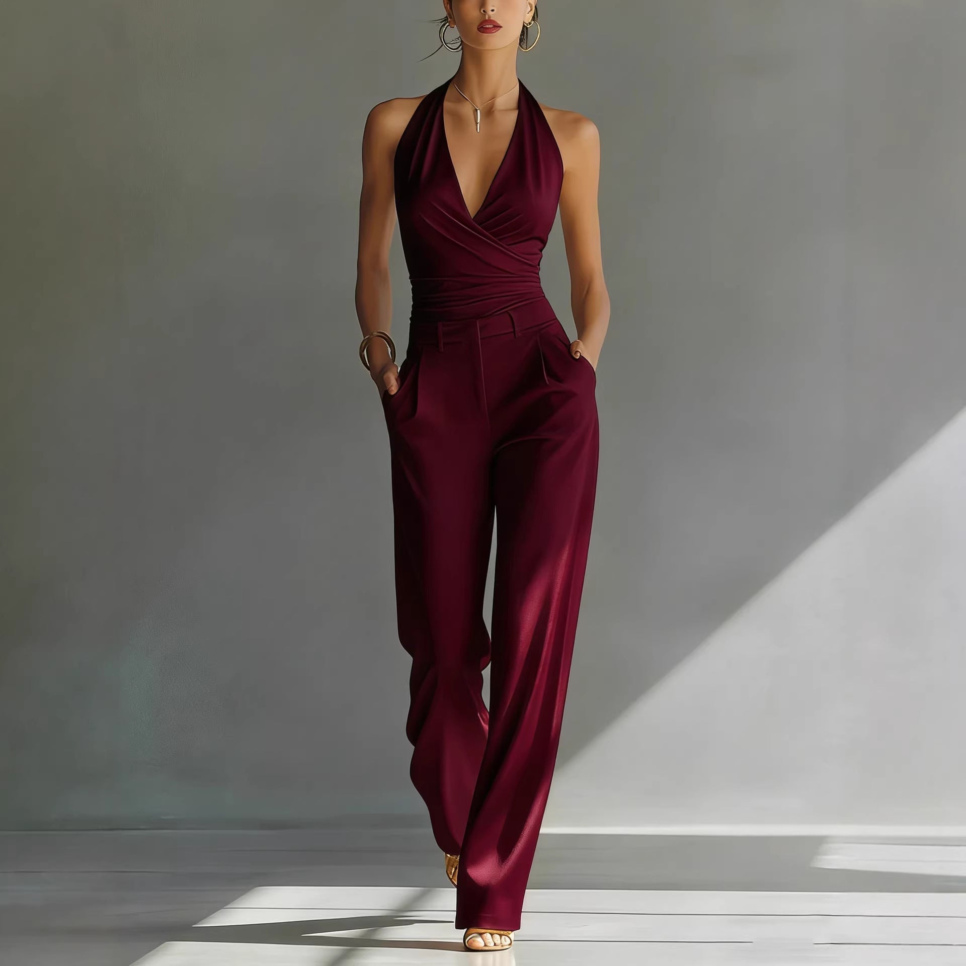Halter Top And High - waisted Wide - leg Pants Casual Set - LADYLINE X
