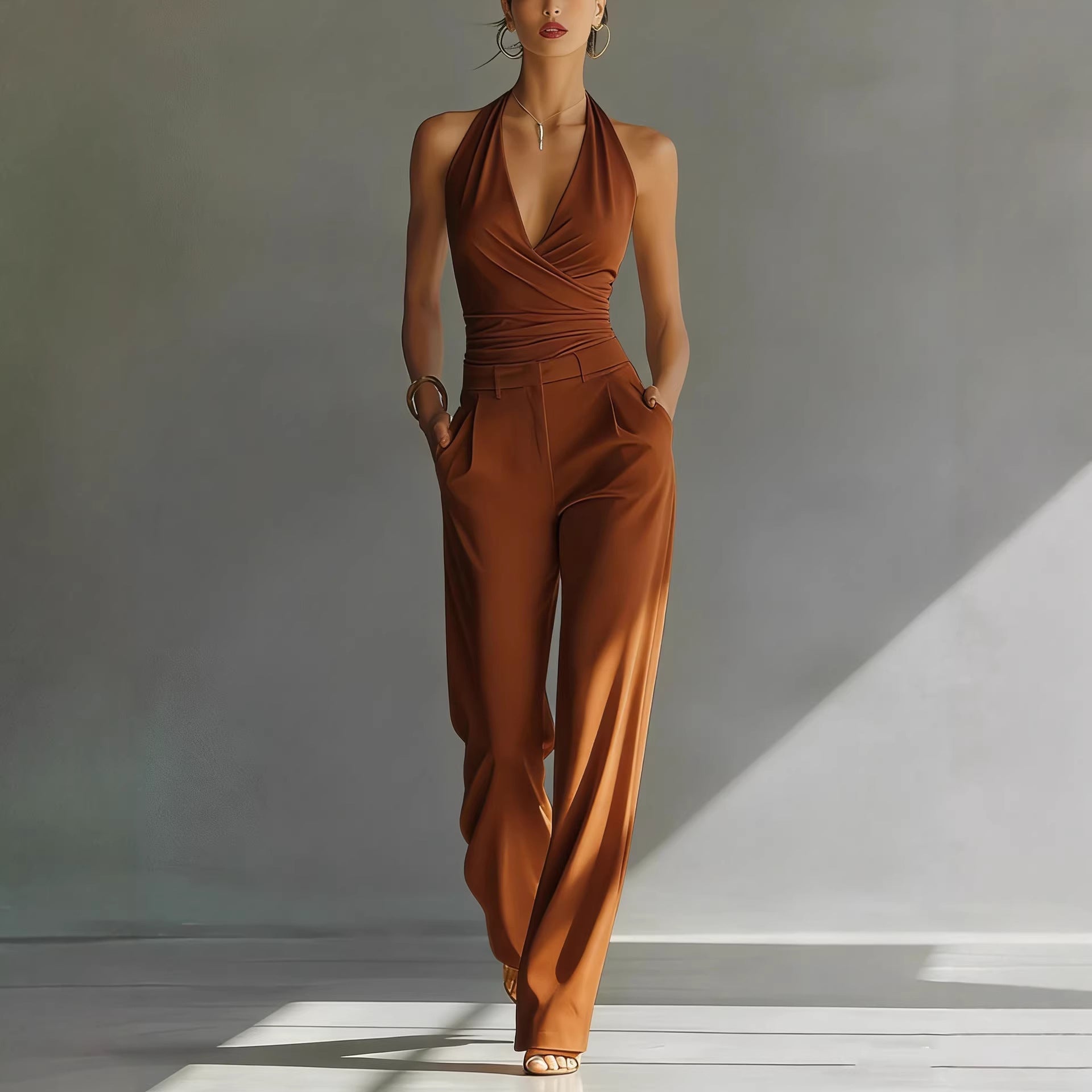 Halter Top And High - waisted Wide - leg Pants Casual Set - LADYLINE X