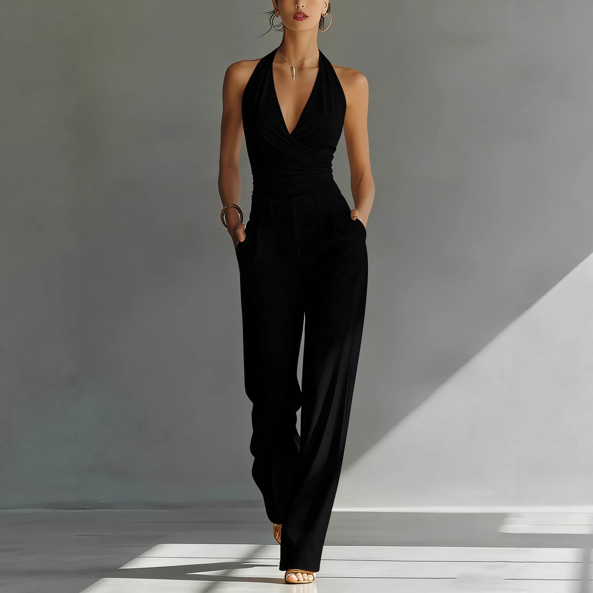 Halter Top And High - waisted Wide - leg Pants Casual Set - LADYLINE X