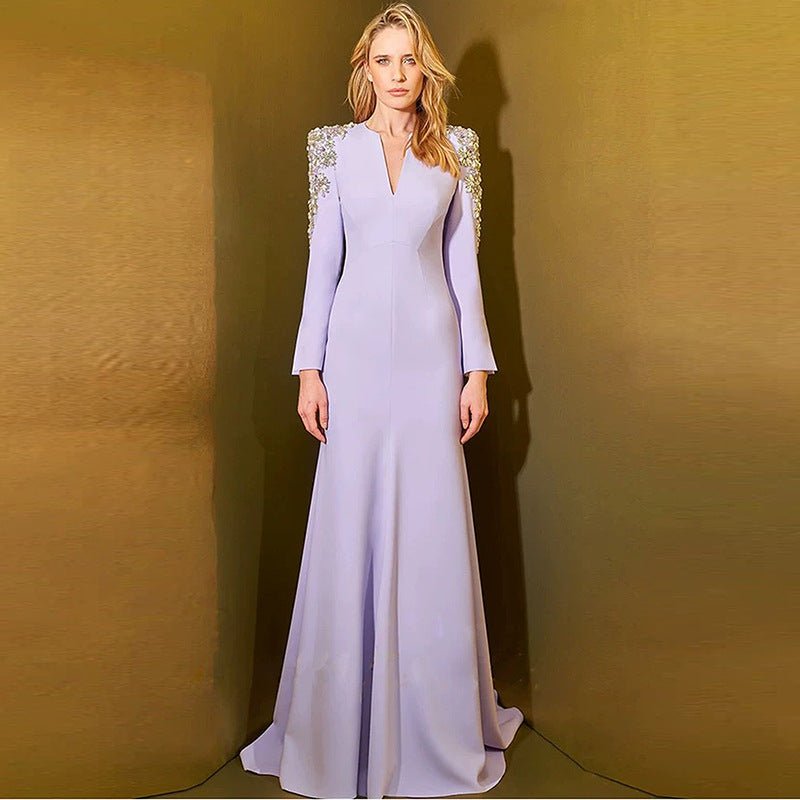 Heavy Industry Beads Diamond Front Slit Small Trailing Dress - LADYLINE X