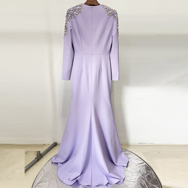Heavy Industry Beads Diamond Front Slit Small Trailing Dress - LADYLINE X