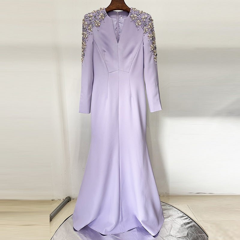 Heavy Industry Beads Diamond Front Slit Small Trailing Dress - LADYLINE X