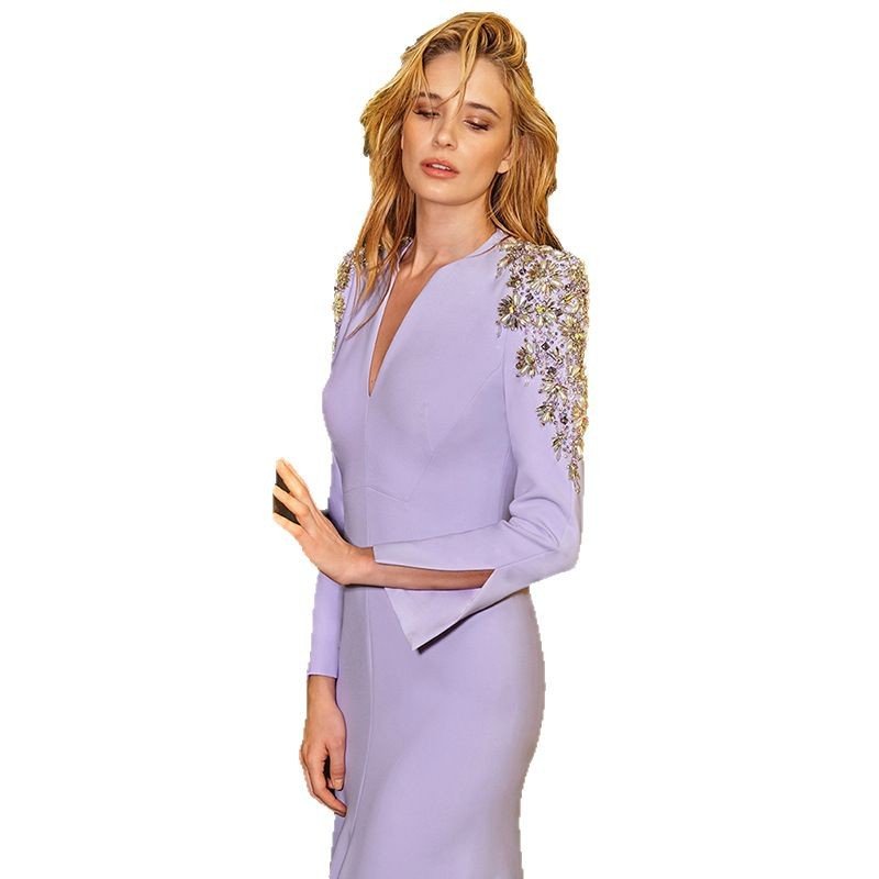 Heavy Industry Beads Diamond Front Slit Small Trailing Dress - LADYLINE X
